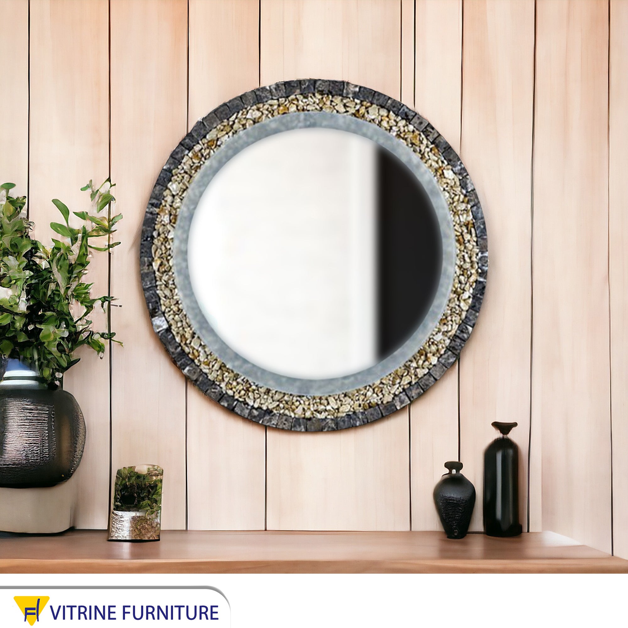 Circular mirror with black marble and stone frame