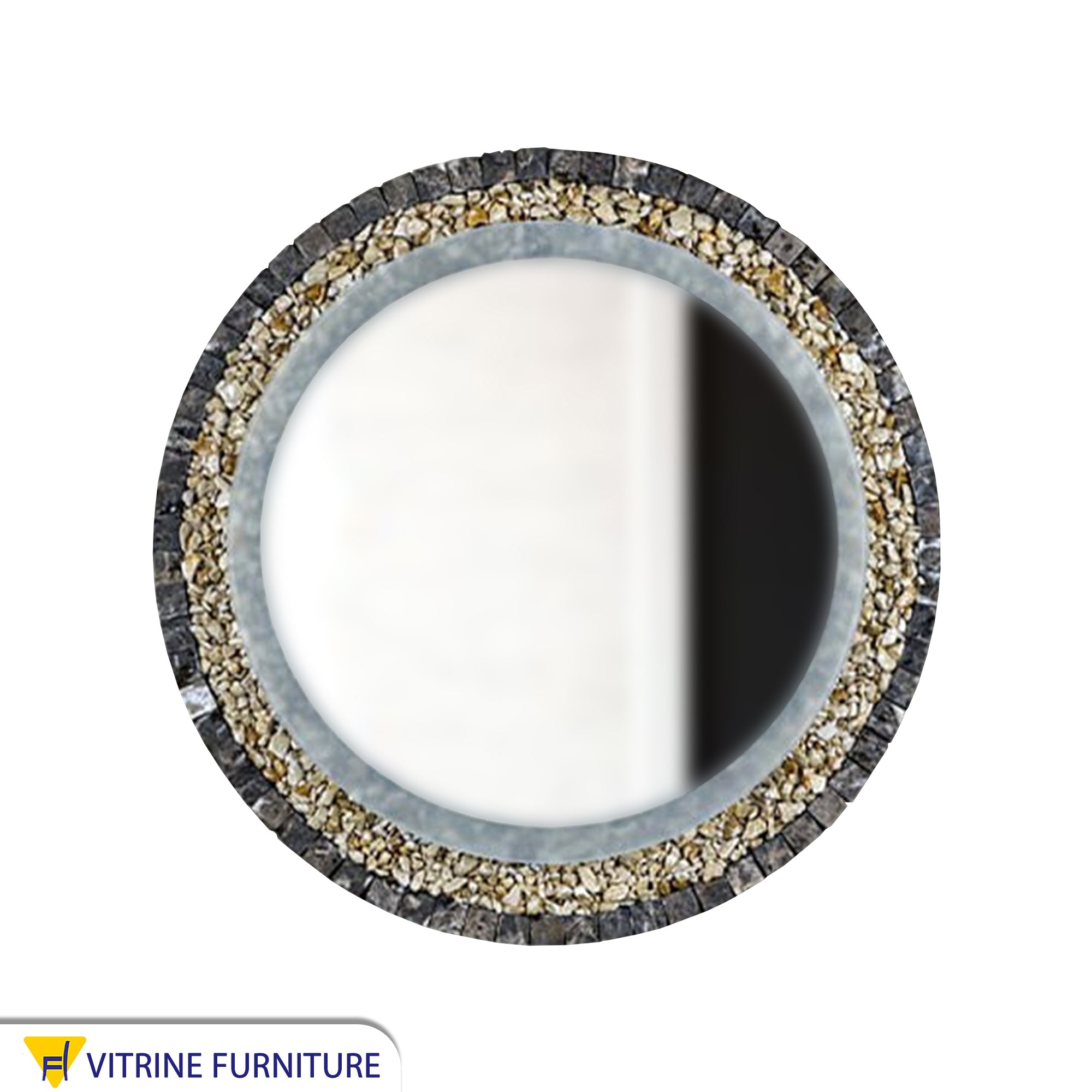 Circular mirror with black marble and stone frame