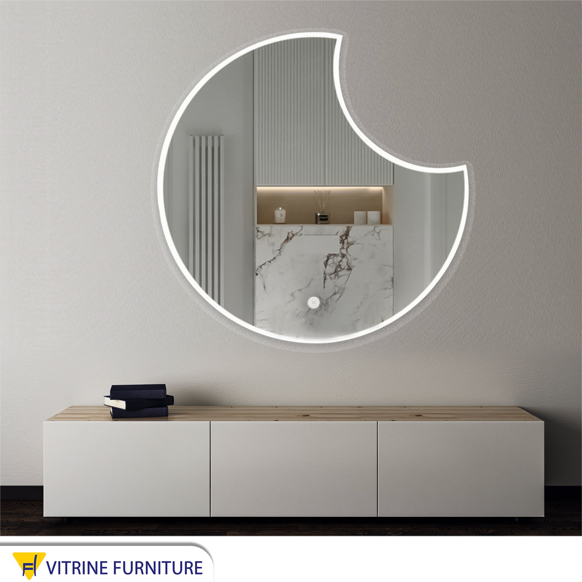 LED mirror in the shape of a crescent moon