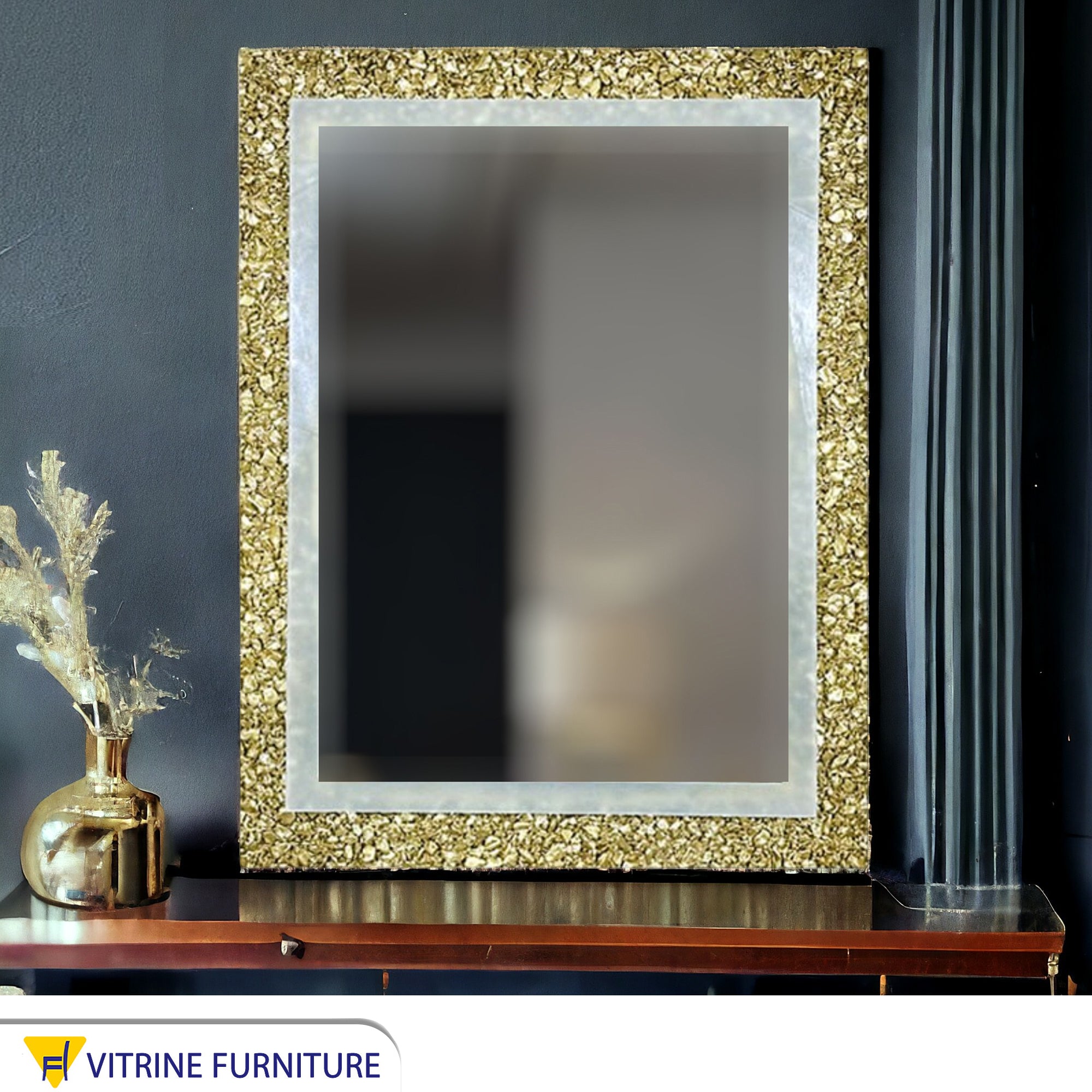 LED mirror with a golden marble frame, 60 cm Width