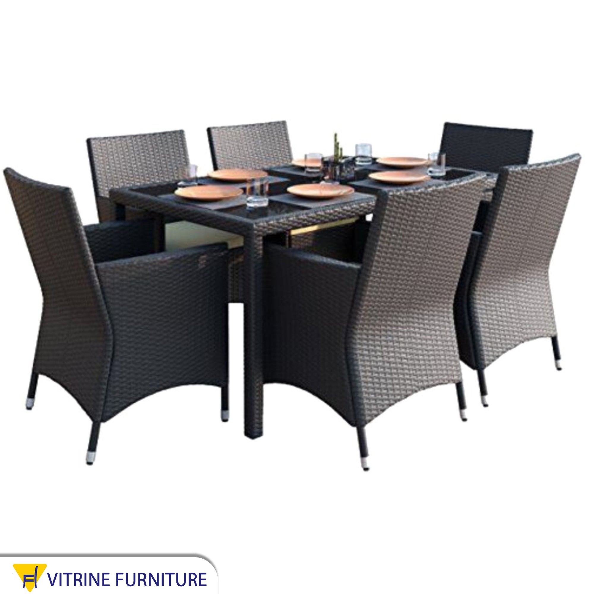 Rattan dining set with table and six chairs