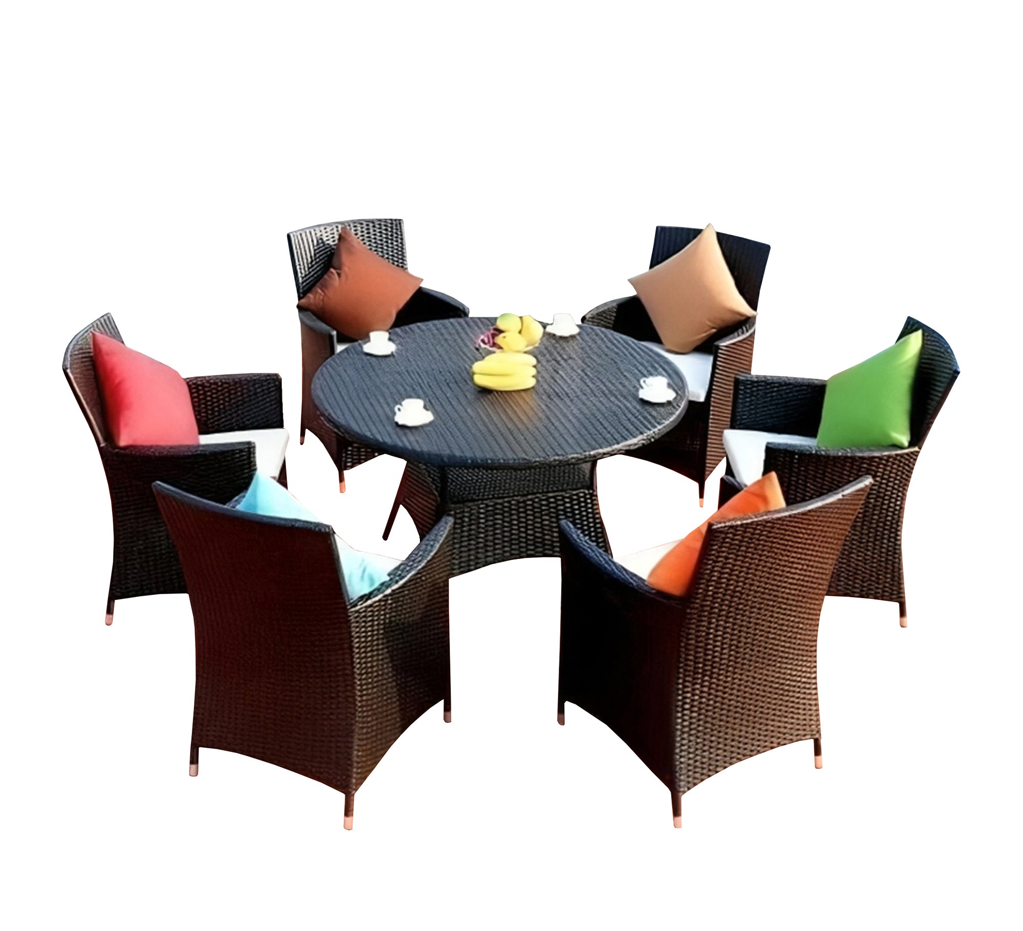 Circular rattan table with eight chairs