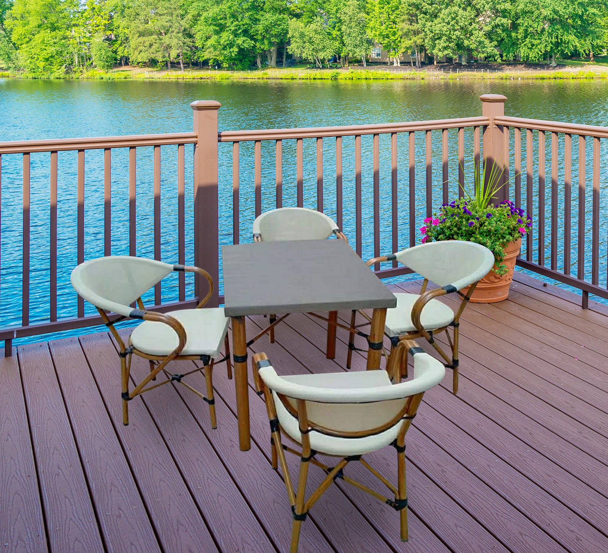 A small dining table with four chairs and a table