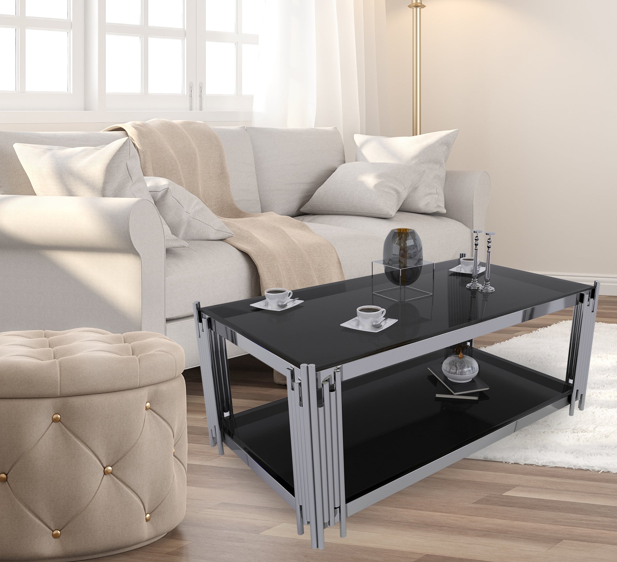 Rectangular steel table with black glass