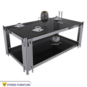 Rectangular steel table with black glass