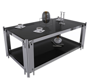 Rectangular steel table with black glass