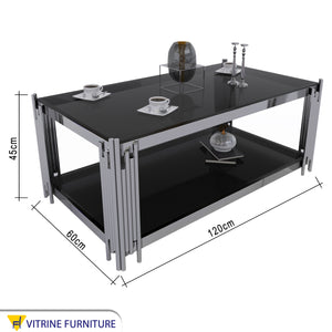 Rectangular steel table with black glass