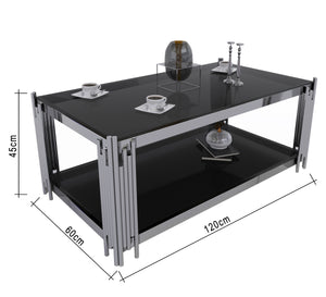 Rectangular steel table with black glass