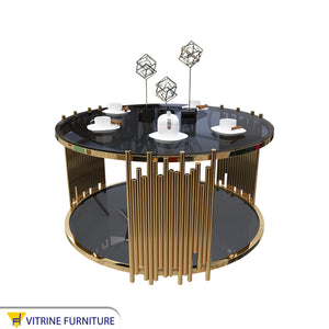 Golden circular table with two living surfaces