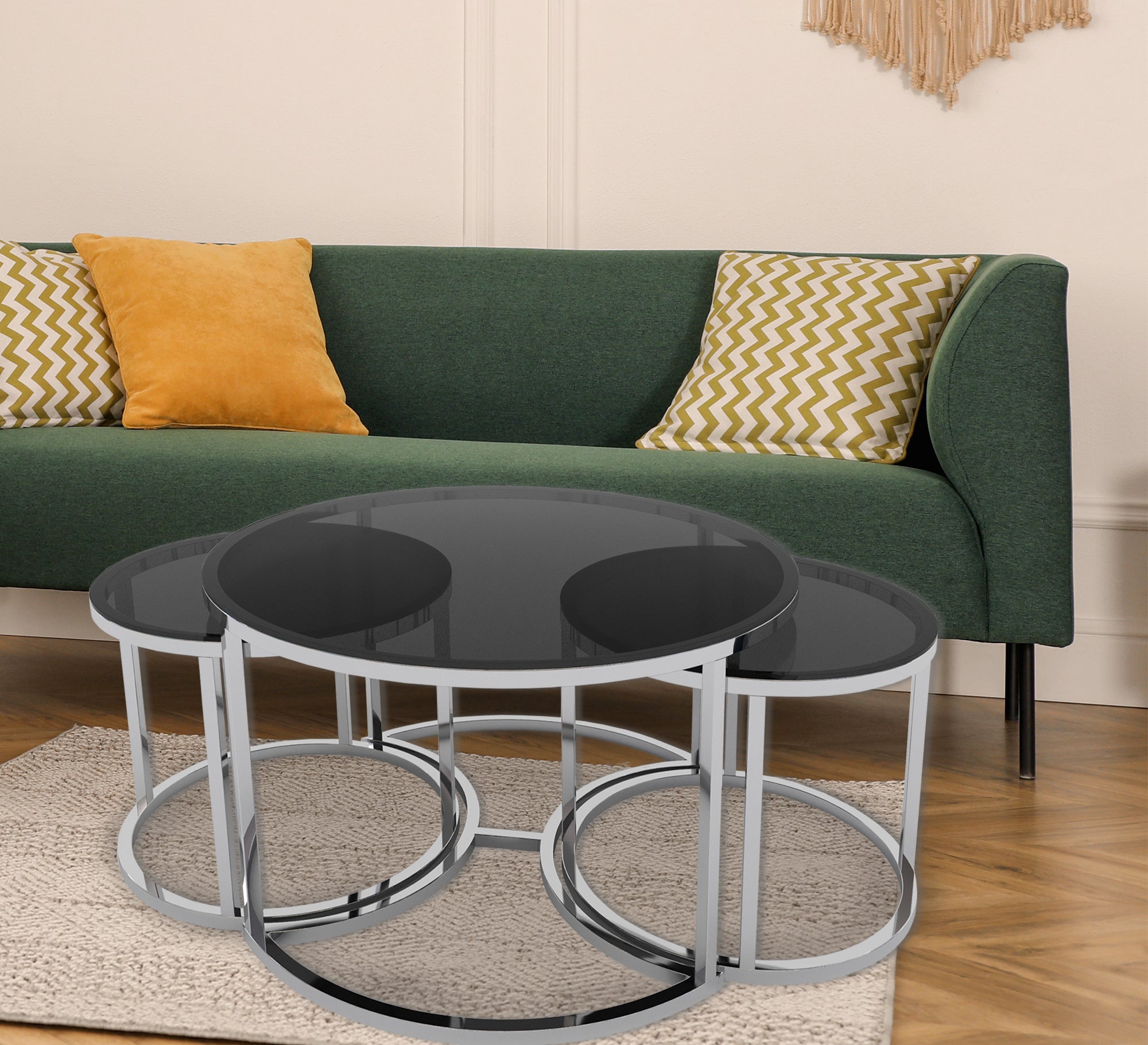 Three tables with a silver frame