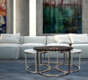 Three silver tables with black and white marble