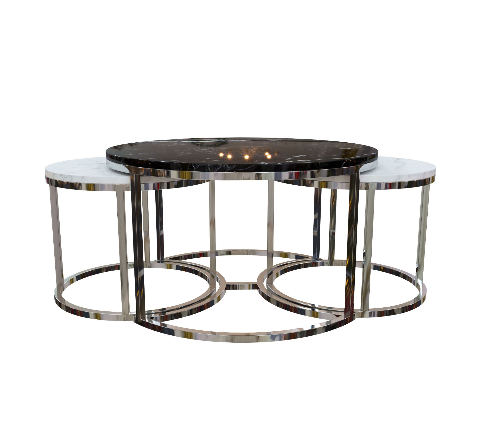 Three silver tables with black and white marble