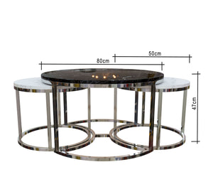 Three silver tables with black and white marble