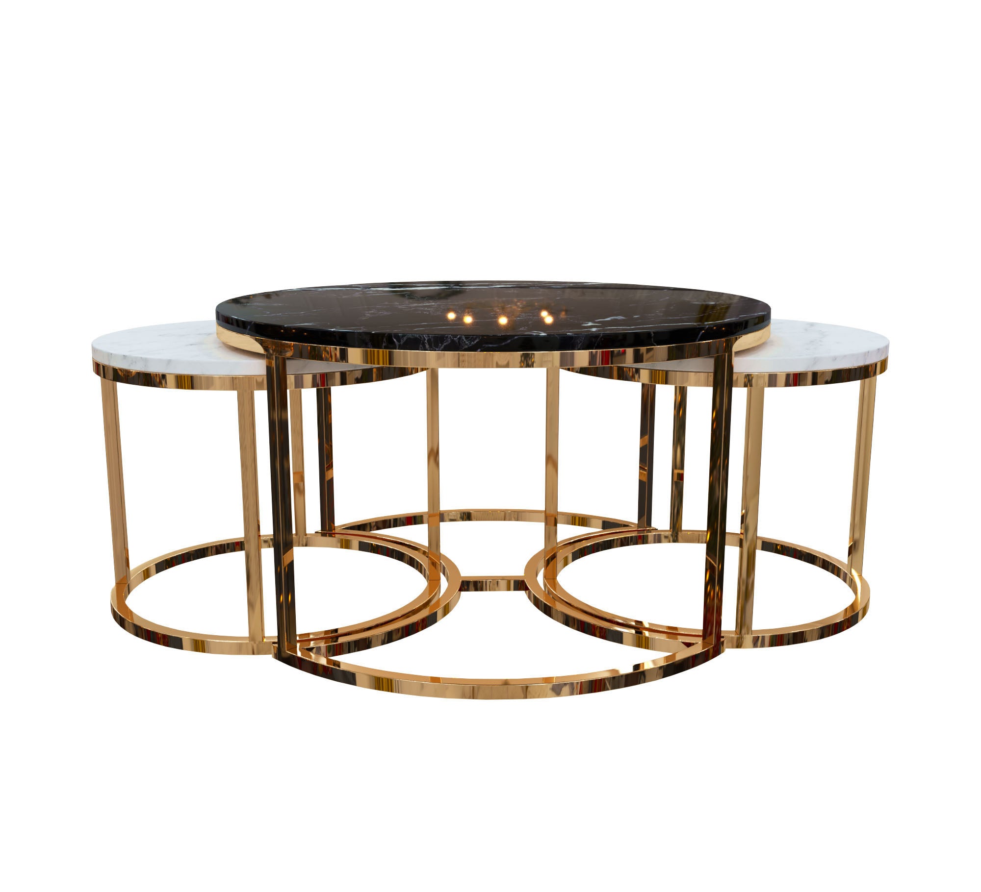 Three golden tables with black and white marble