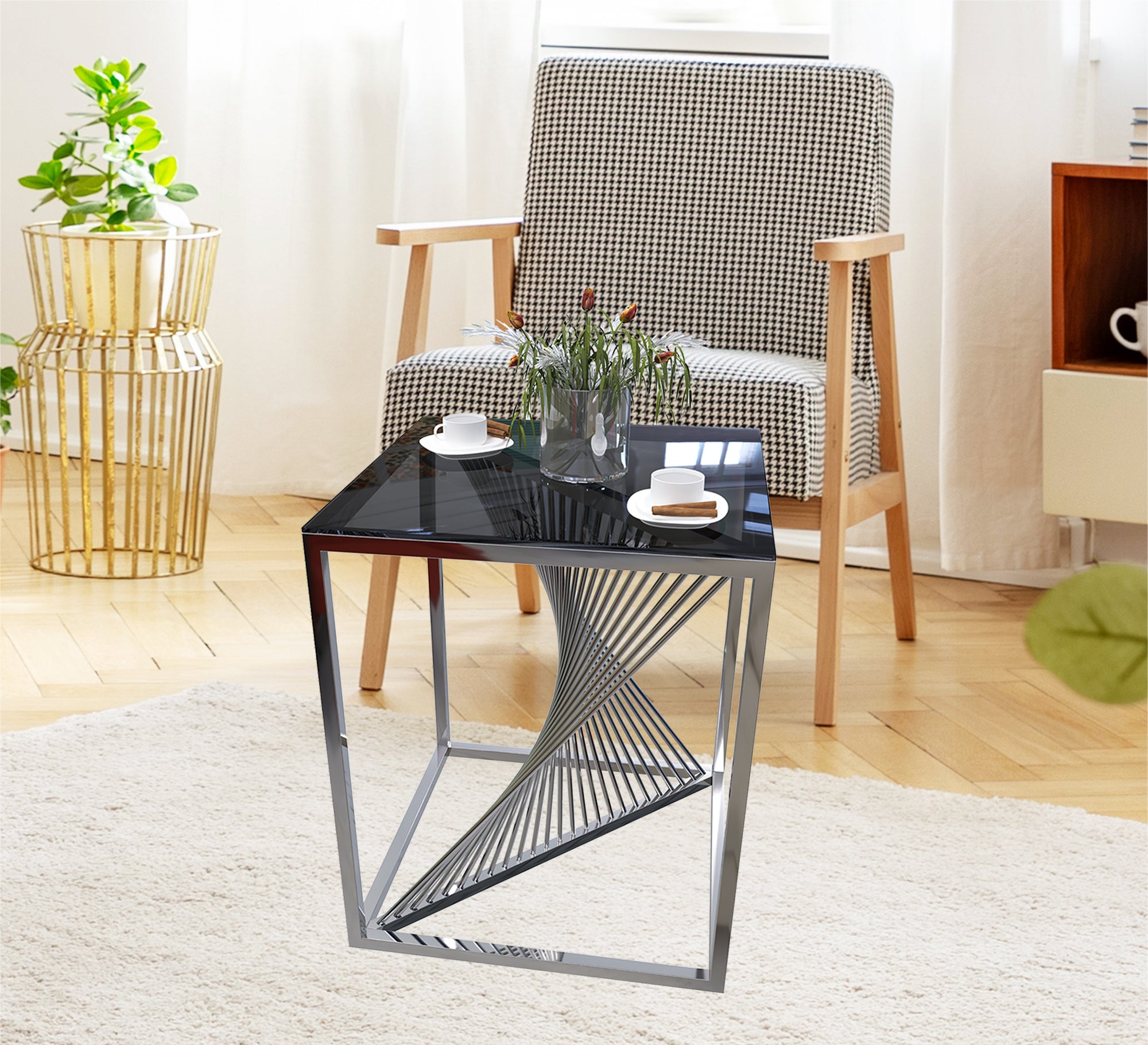 Table with a cube frame and a black glass top