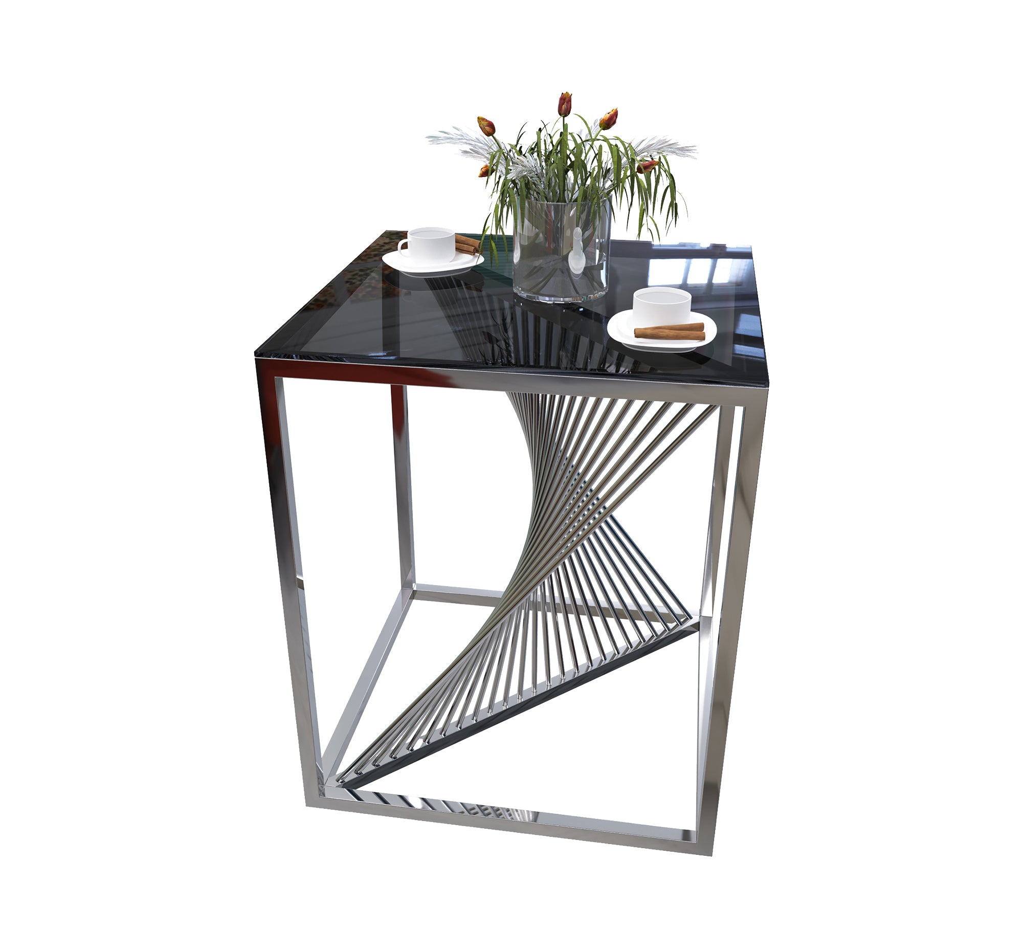 Table with a cube frame and a black glass top