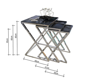 Three silver square tables