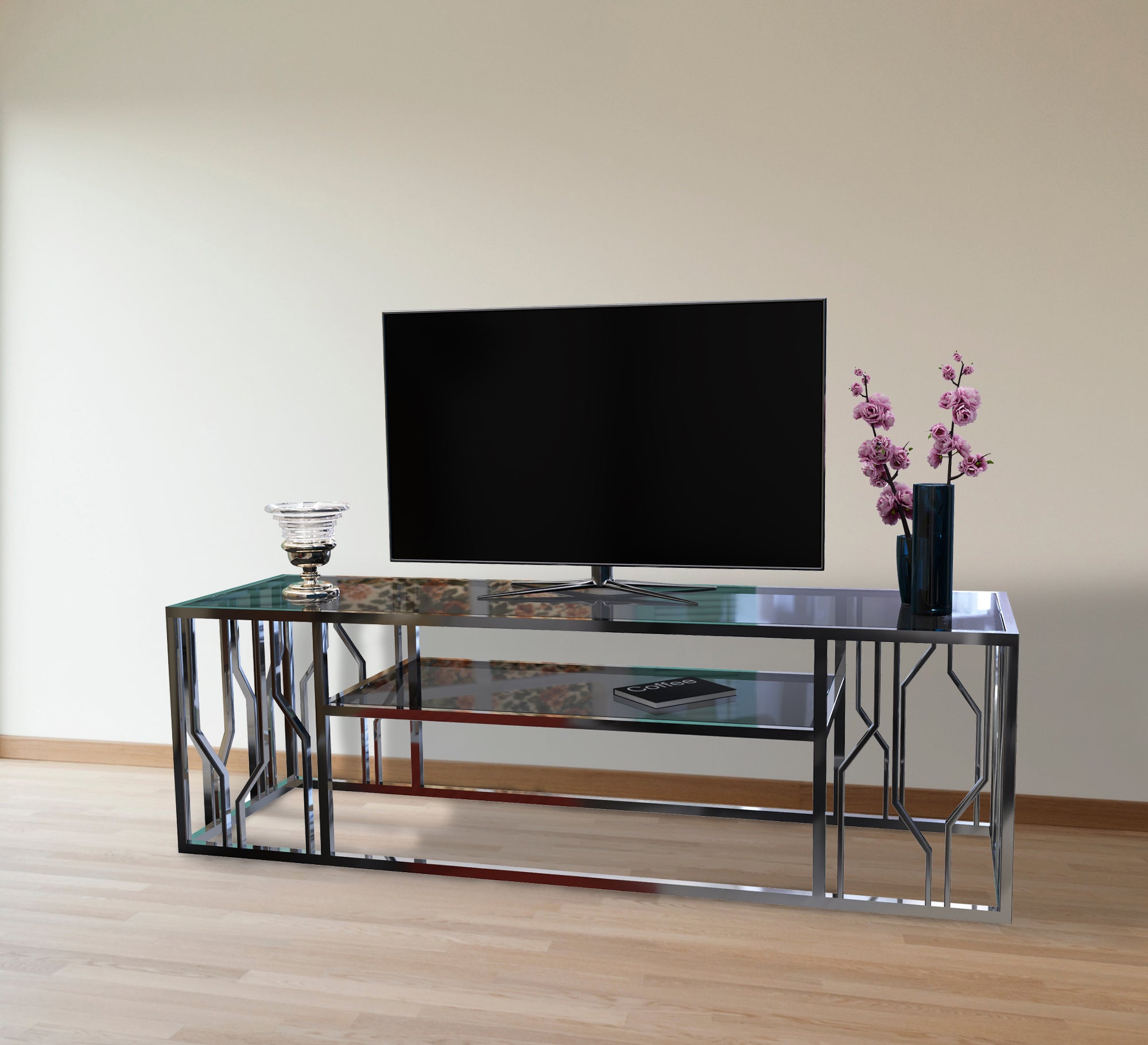 Rectangular TV table with side decorations