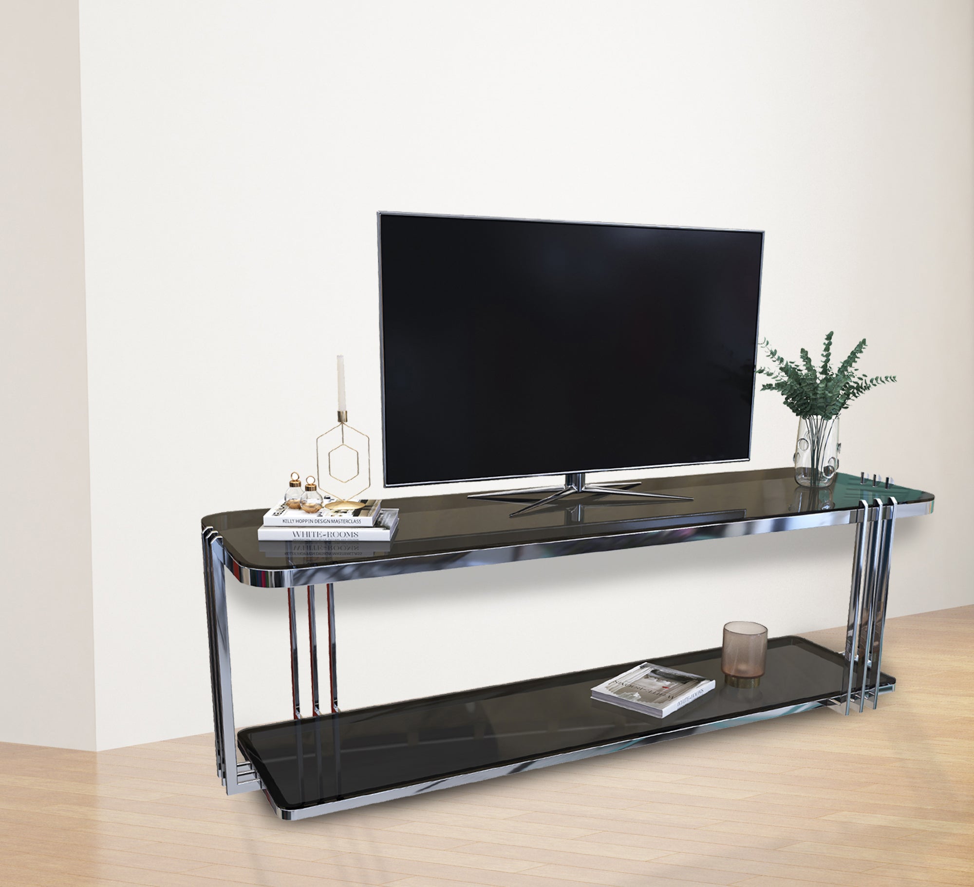 Rectangular TV table with two shelves