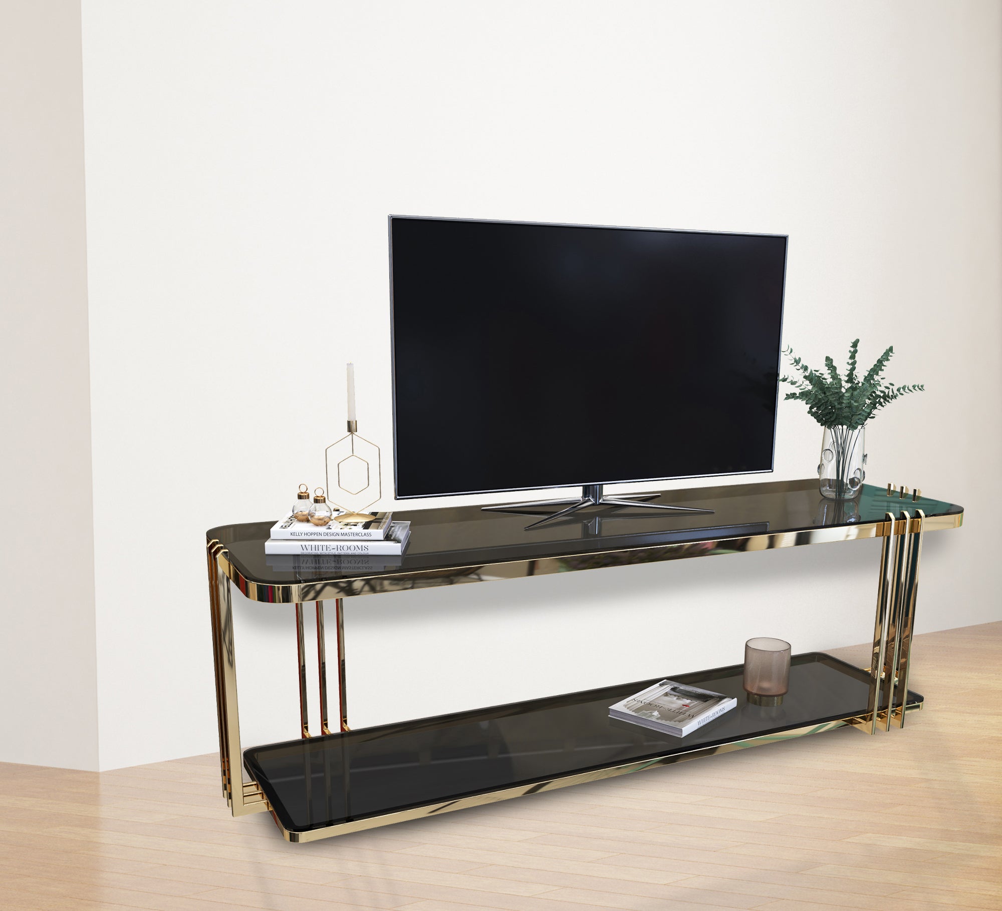 A rectangular gold TV table with two shelves