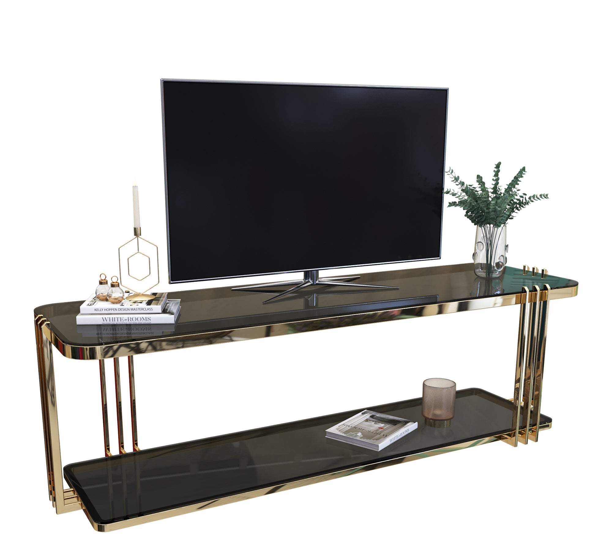 A rectangular gold TV table with two shelves