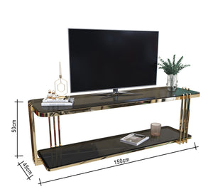 A rectangular gold TV table with two shelves