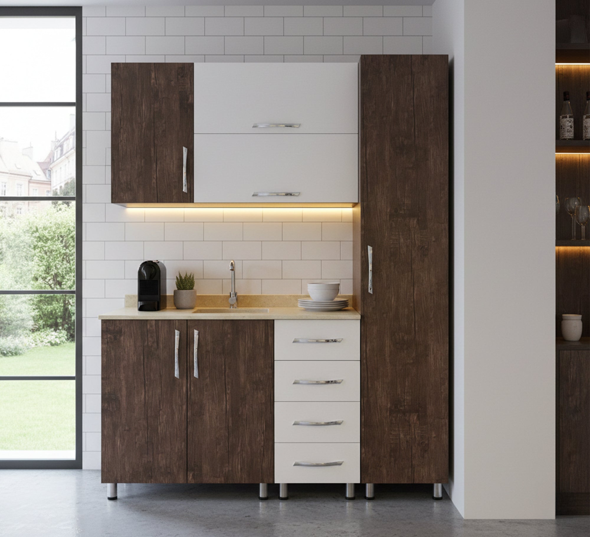 Furnish your chalet with (living corner, kitchen, master bedroom, children's bed, and wardrobe)
