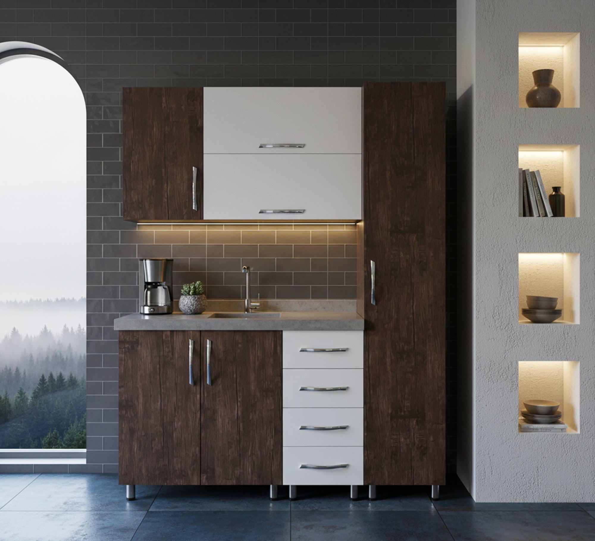 Furnish your chalet with (living corner, kitchen, master bedroom, children's bed, and wardrobe)