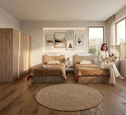 A boys' bedroom in a wood color with white accents