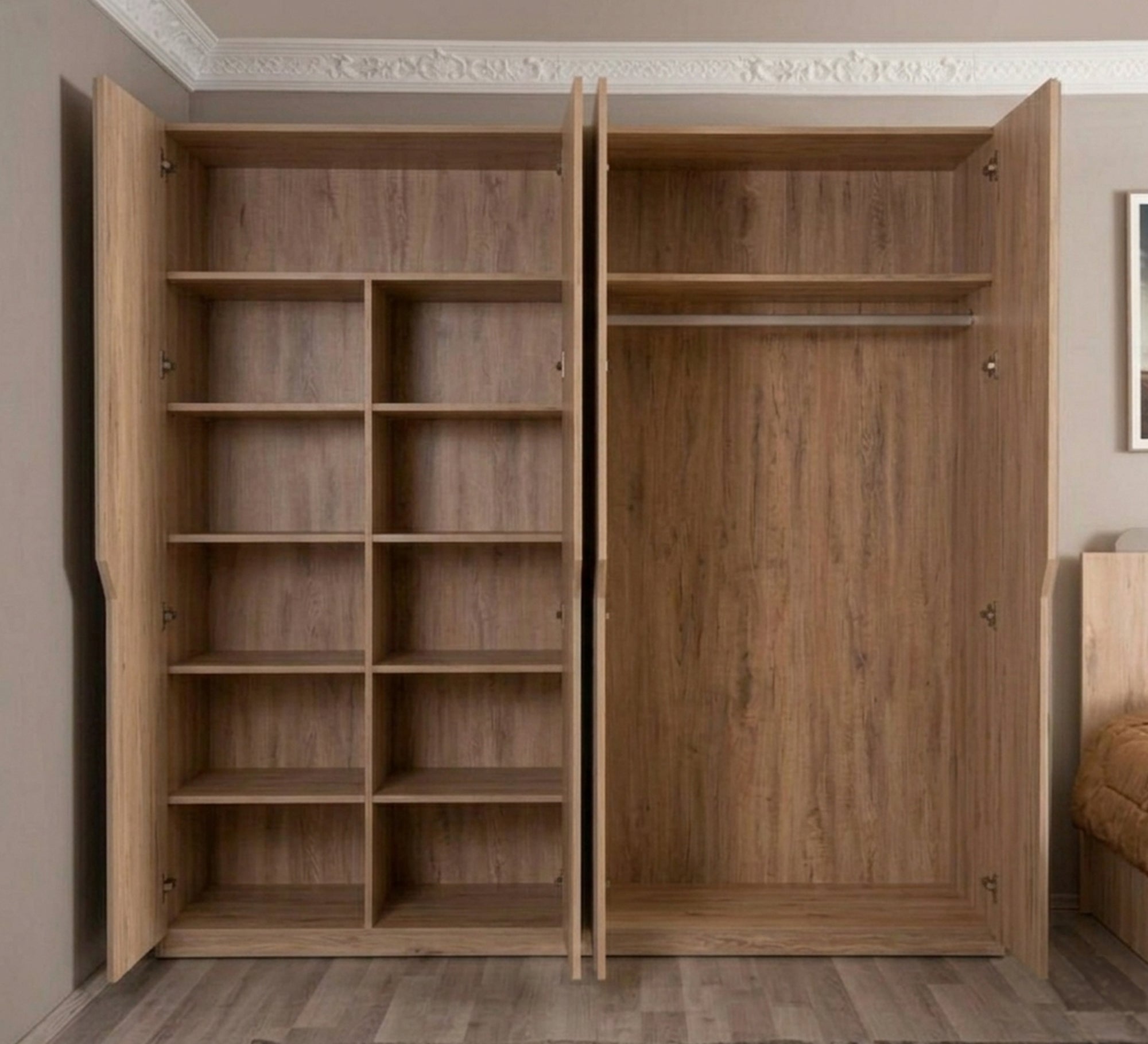 A boys' bedroom in a wood color with white accents