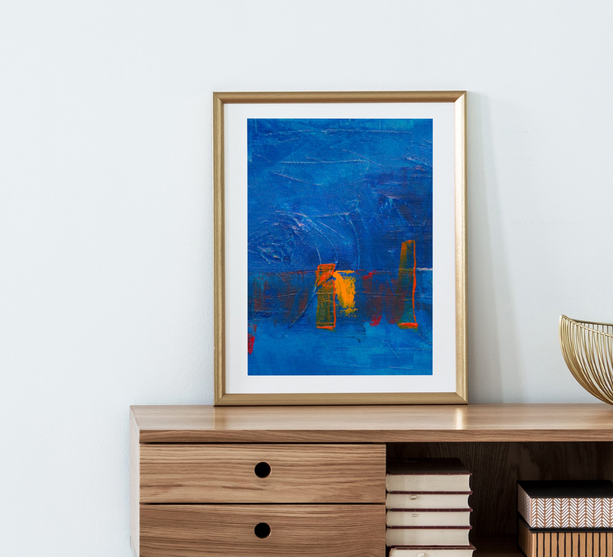 Abstract painting in blue and orange