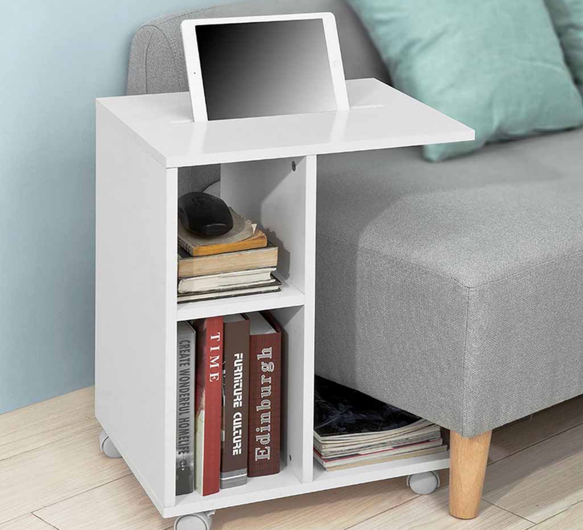 Side table with wheels and two small shelves