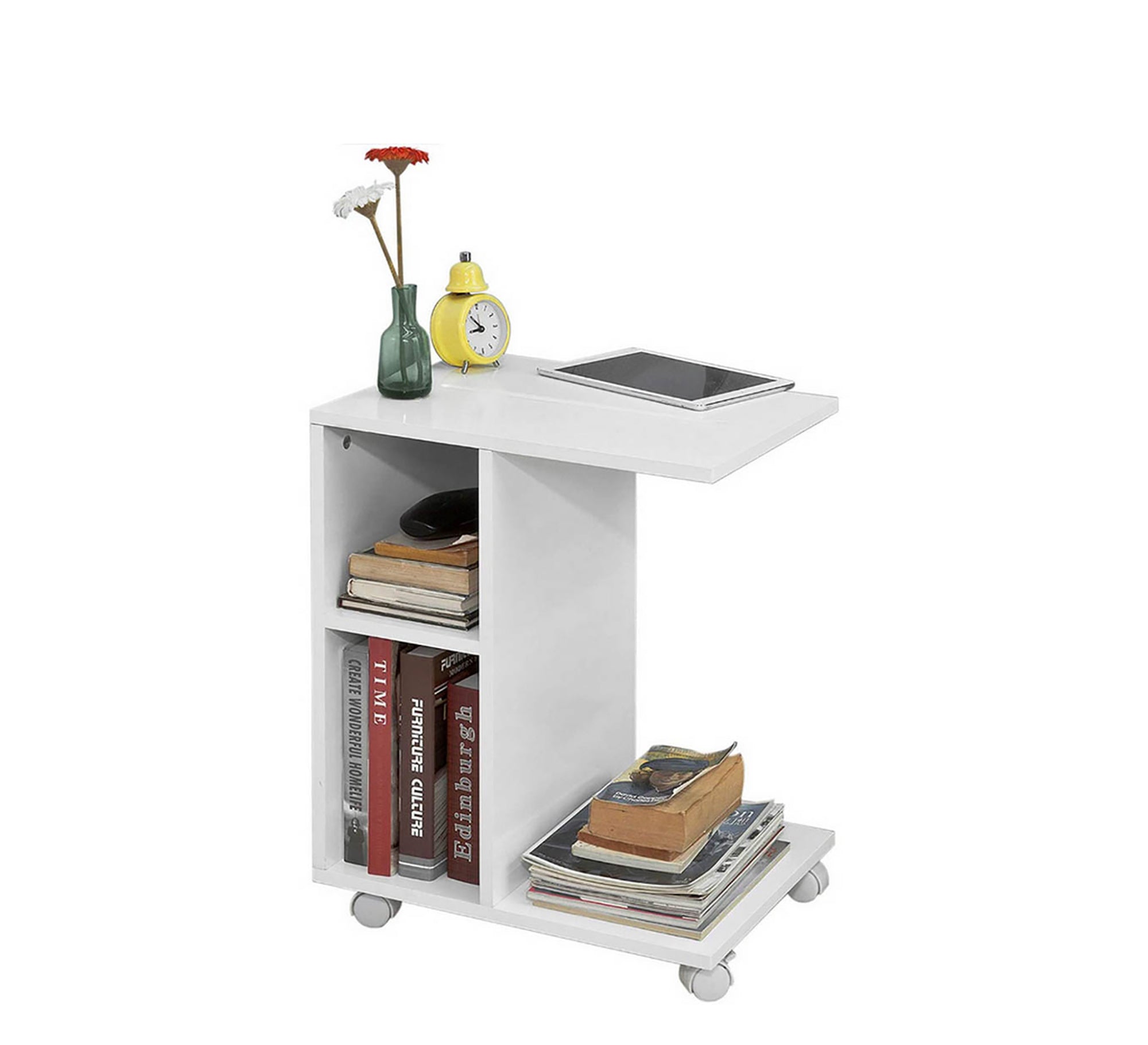 Side table with wheels and two small shelves