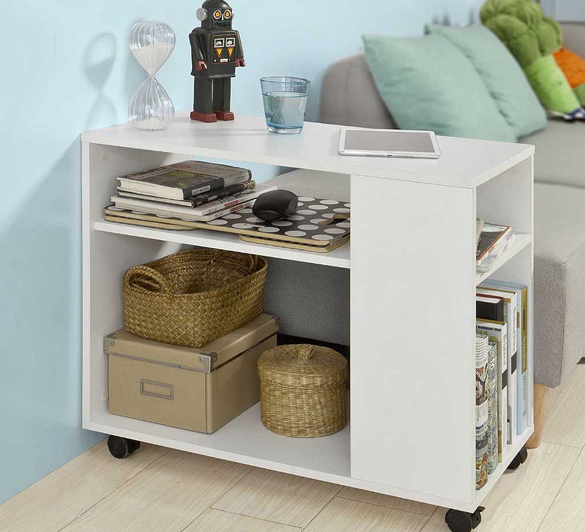 Side table with wheels and two large shelves