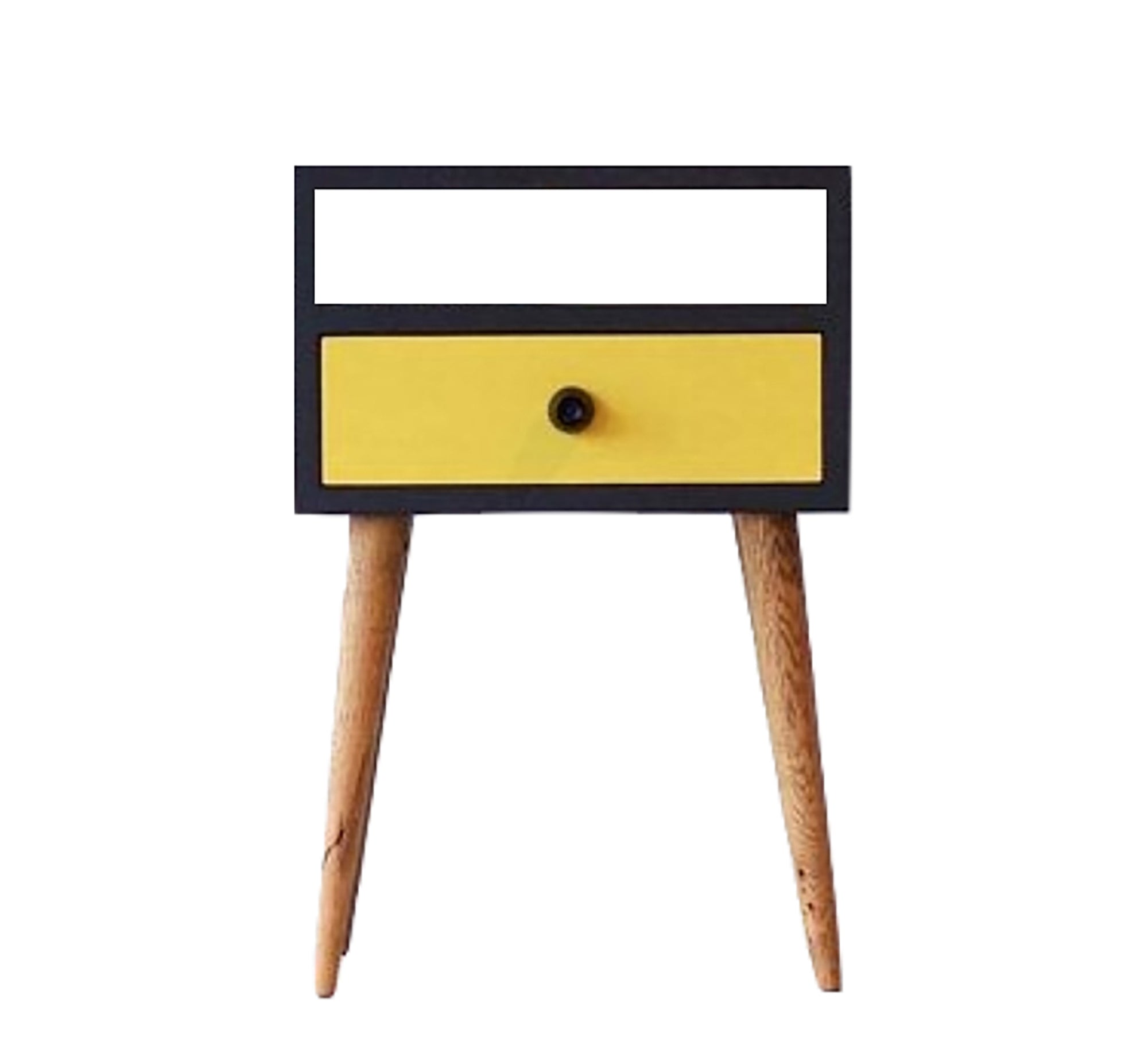 Black dresser with yellow drawer