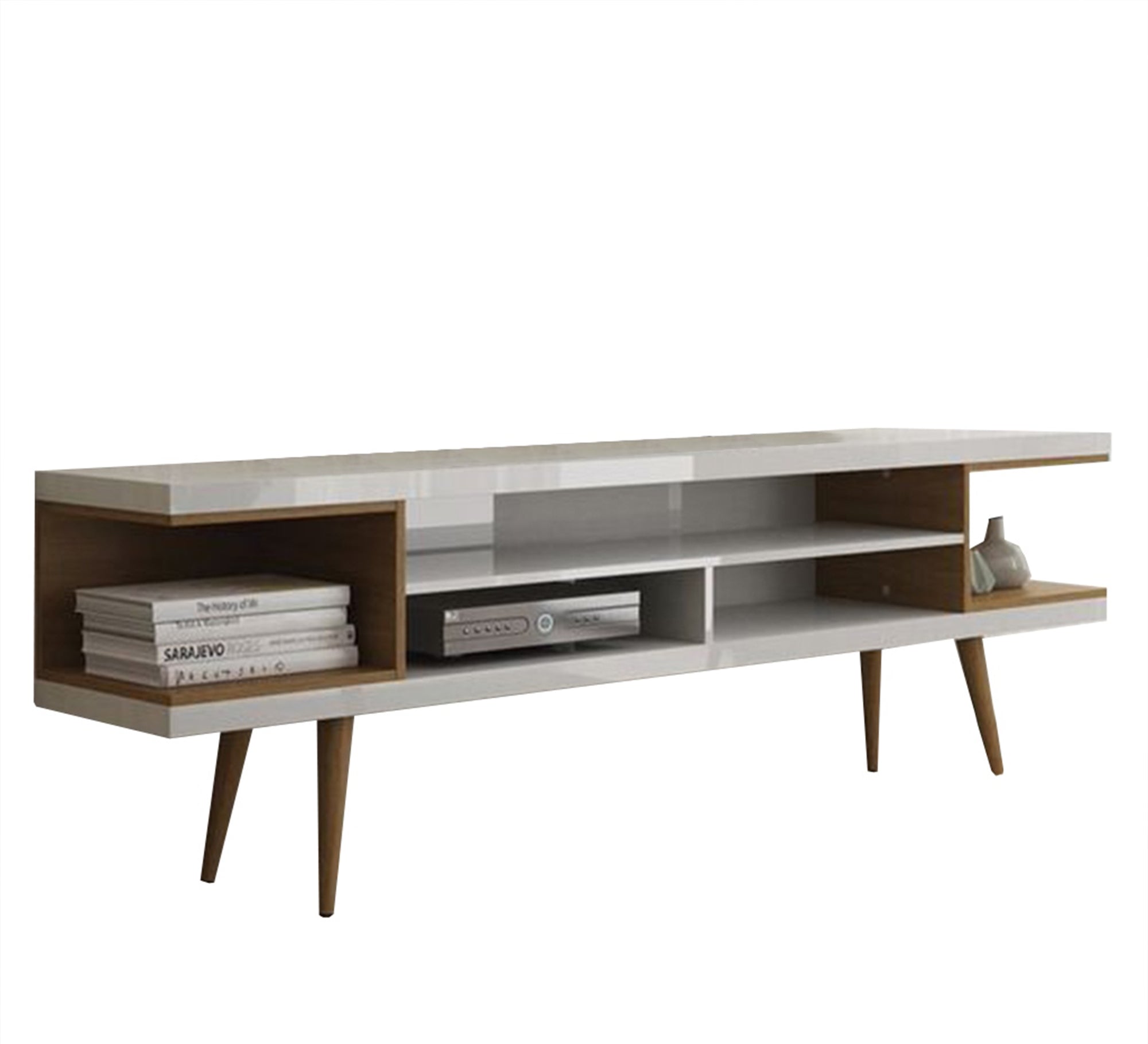 A white TV desk, two wooden shelves, and a beech leg