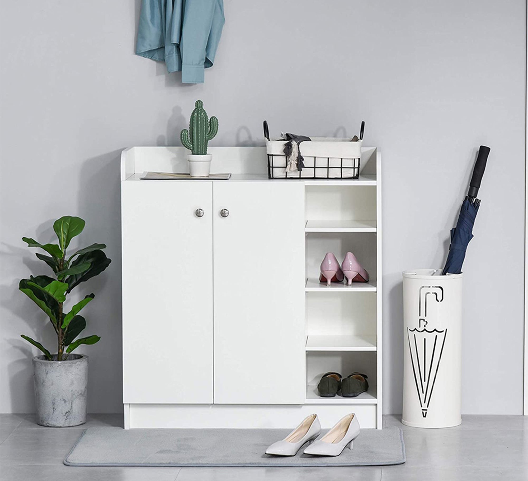 White cabinet with two doors and open shelves