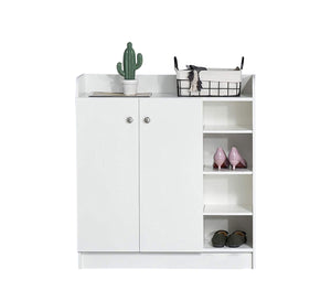 White cabinet with two doors and open shelves