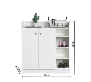 White cabinet with two doors and open shelves