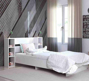 White bed with right and left shelves