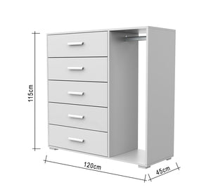 Hanger unit 120 with 5 drawers and an open hanging shelf