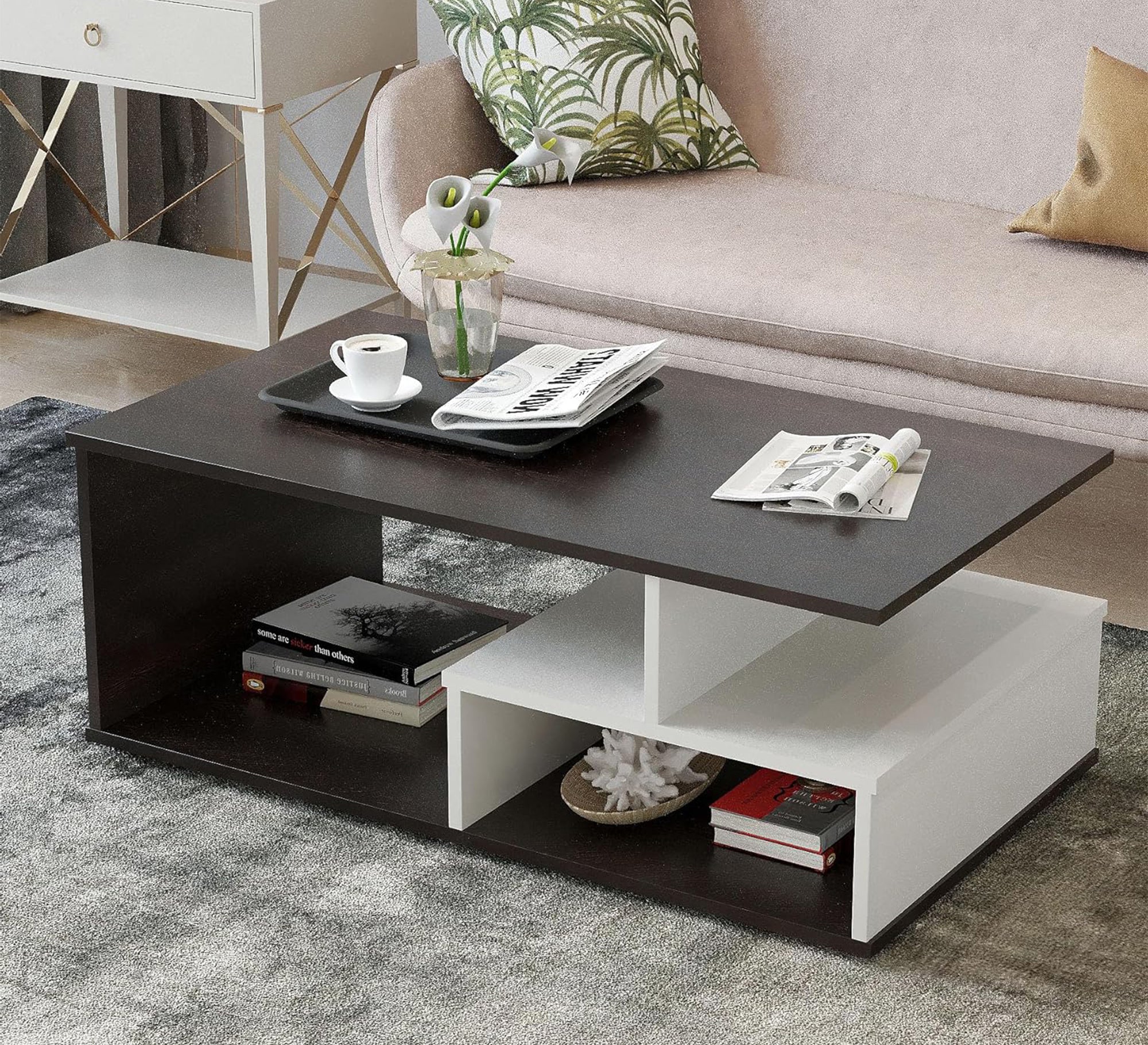 Living room table with built-in shelves