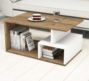 Living room table with built-in shelves