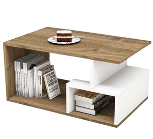 Living room table with built-in shelves