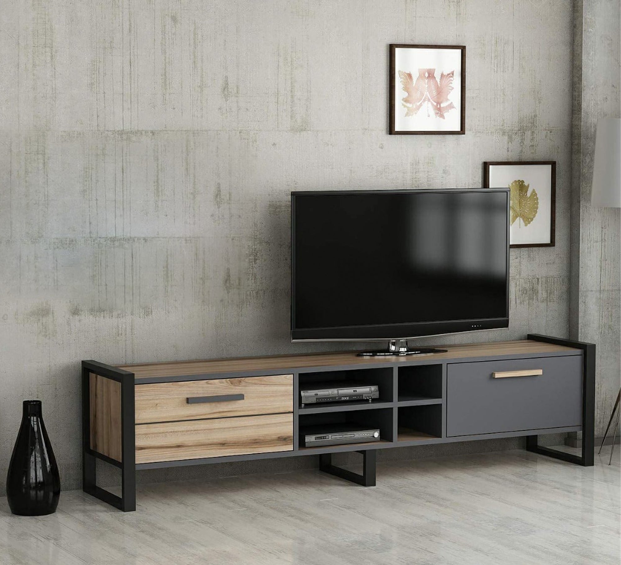 Wooden beige TV table with grey accents