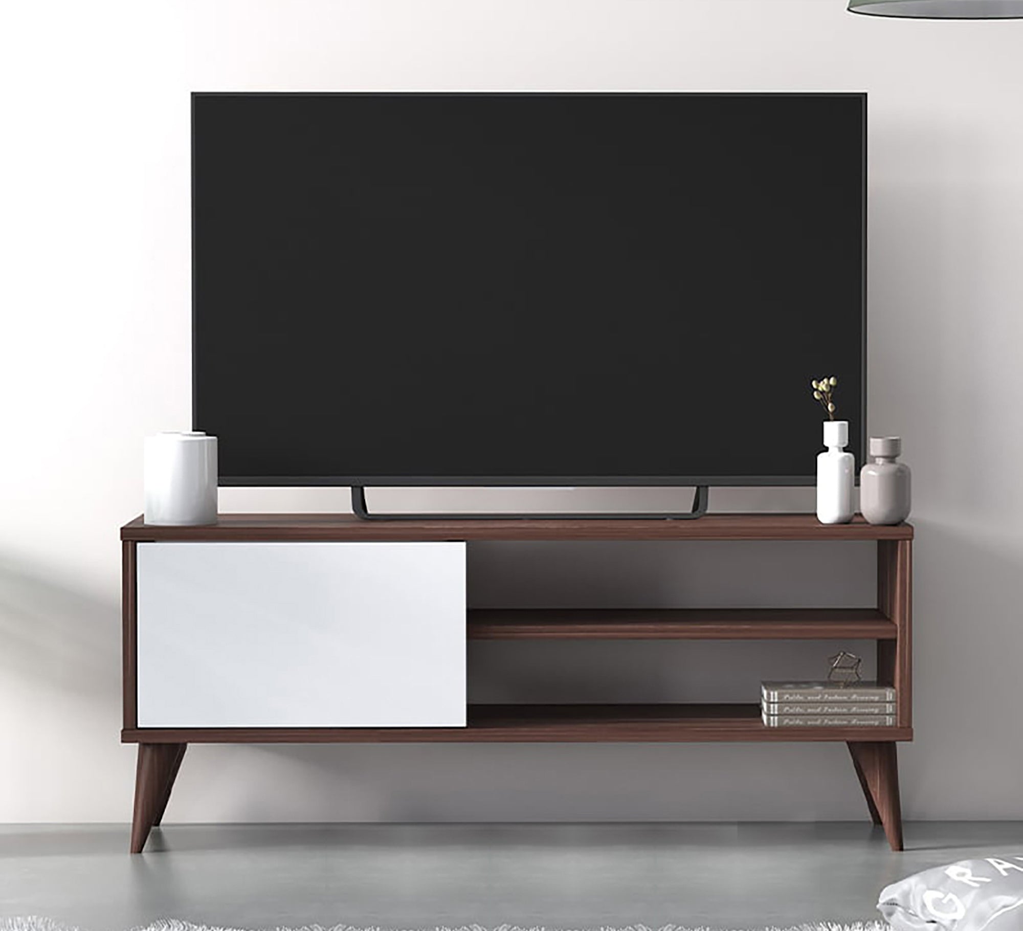 White and brown wooden TV table