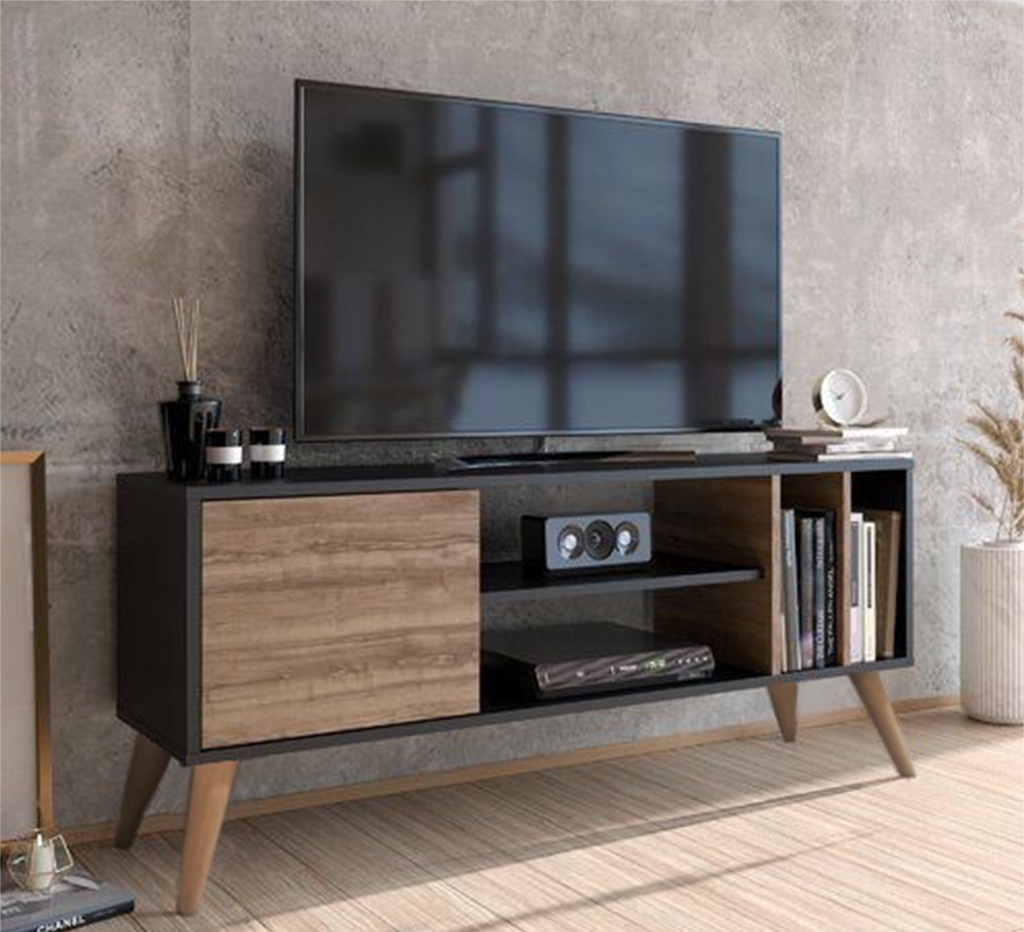 Multi-shelf TV table with elegant wooden legs