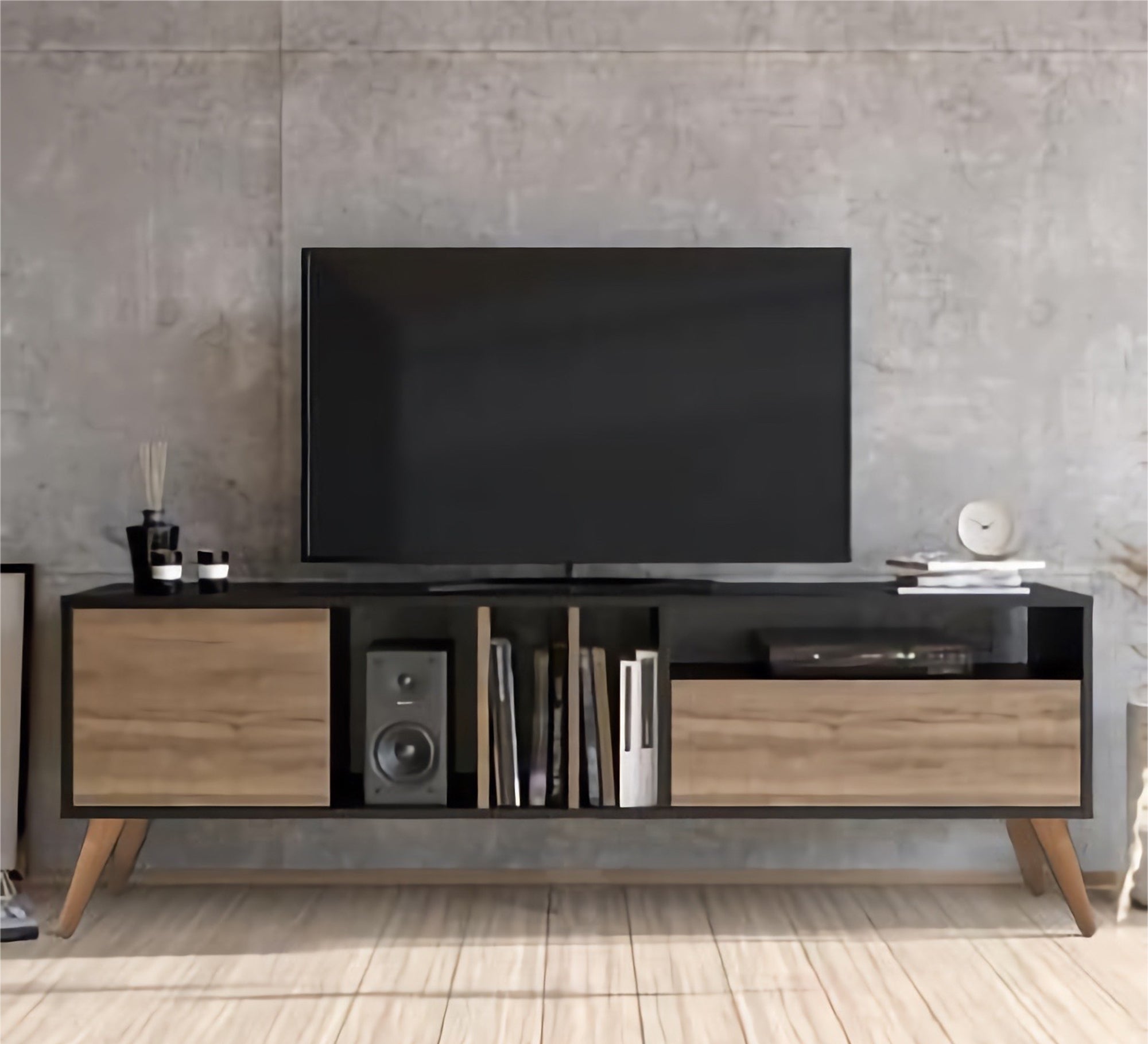 Elegant TV table with various doors and shelves