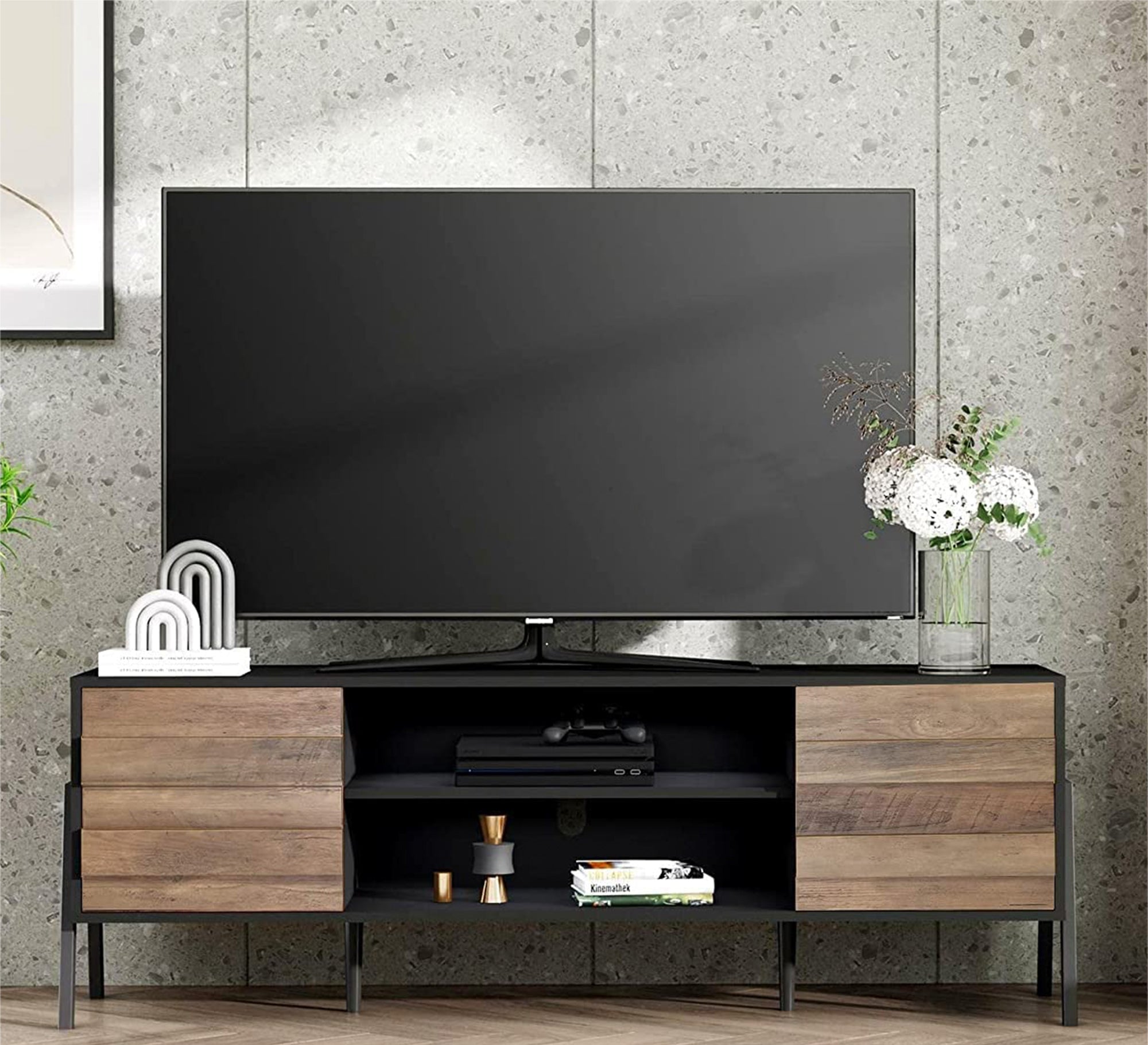 Two-door TV table with strong metal legs