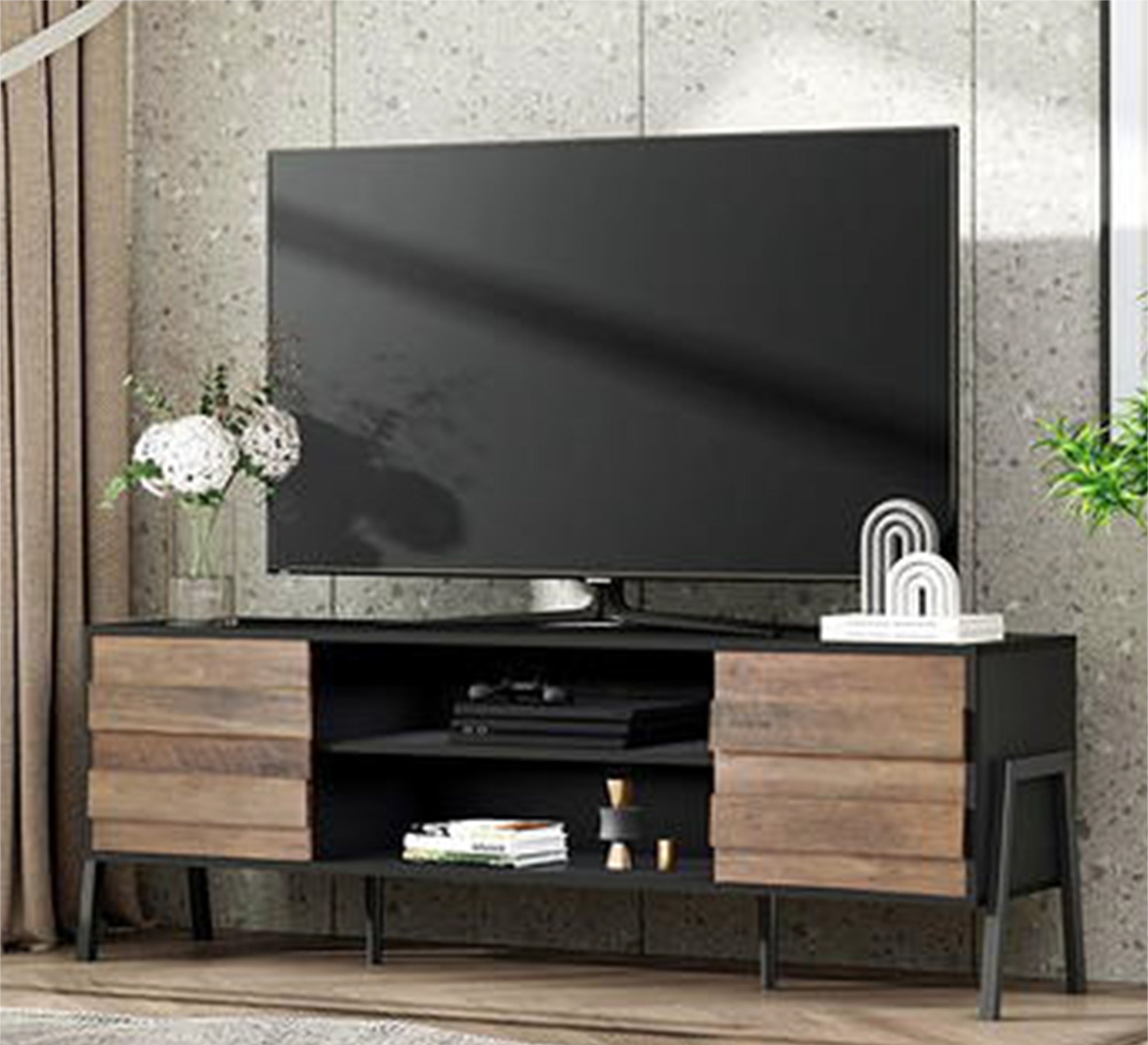 Two-door TV table with strong metal legs